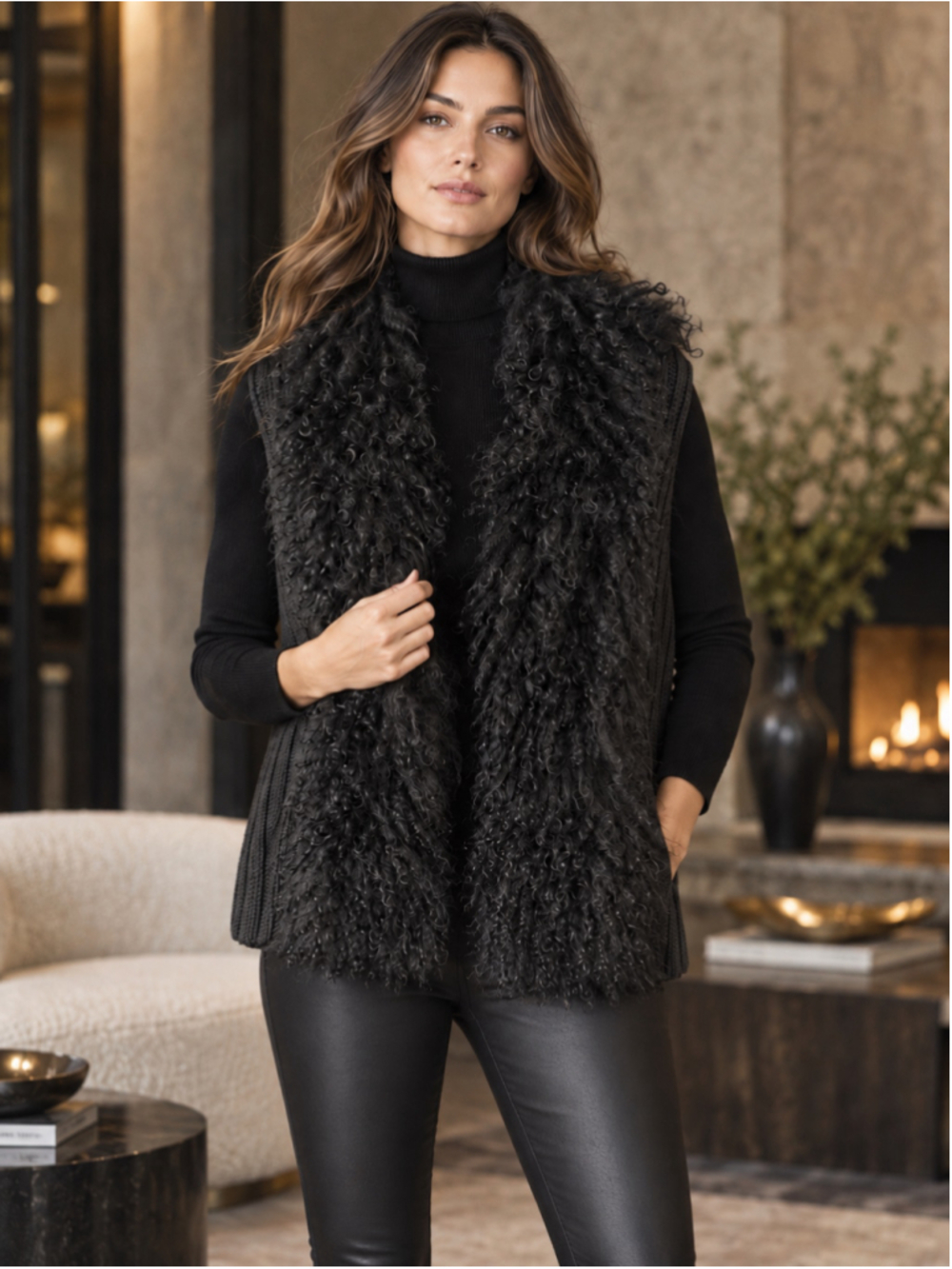 Iris Setlakwe Vest Women XL Mongolian Fur Ribbed Knit Penny Lane 70s Boho Black